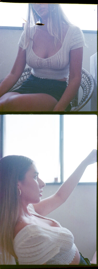 Film Photo of Marintia Bustos a model captured in two distinct poses. She wears a white lace top and a black skirt and the setting appears to be a room with a window.